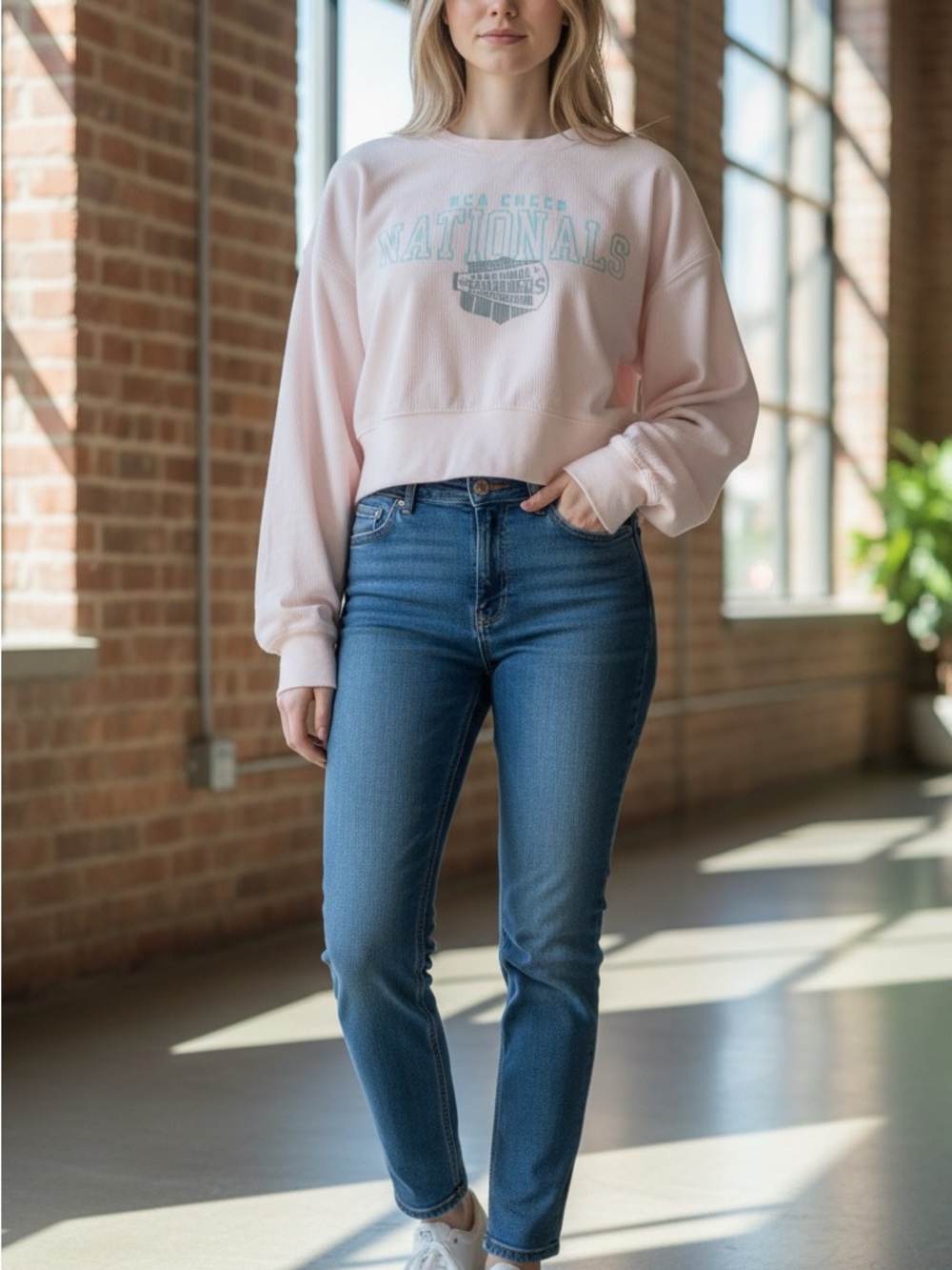 Varsity NCA Cheer Nationals Pink Long-Sleeve Cropped Crewneck Ribbed Sweatshirt